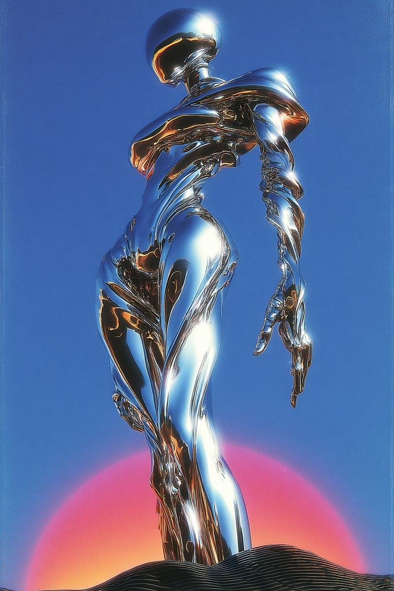 A humanoid robot with a feminine silhouette, crafted from highly reflective poli