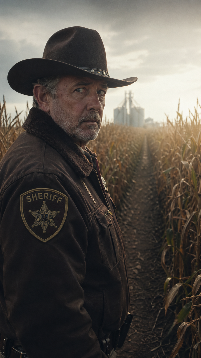 cinematic close up shot of [Sheriff in a long cornfield], 35mm film aesthetic, n