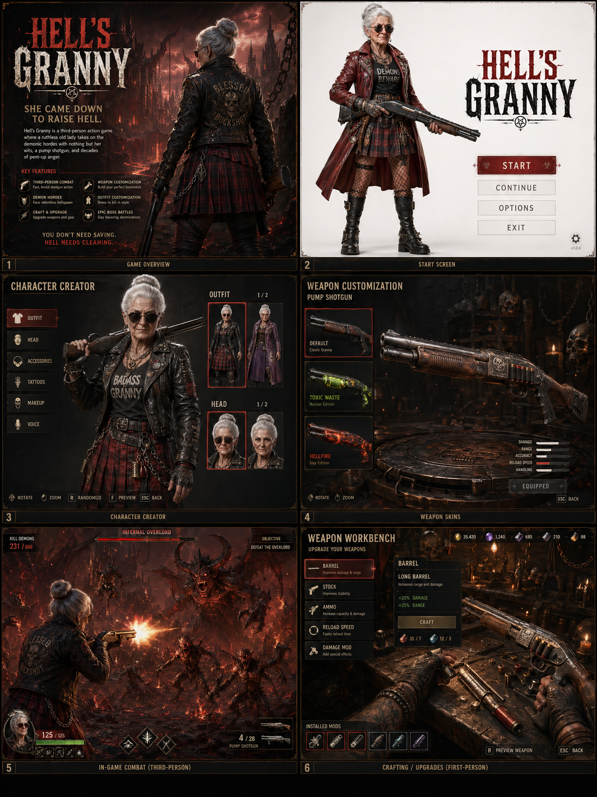 on a 3x2 grid create a detailed gaming screens sheet for a highly detailed 3d ga