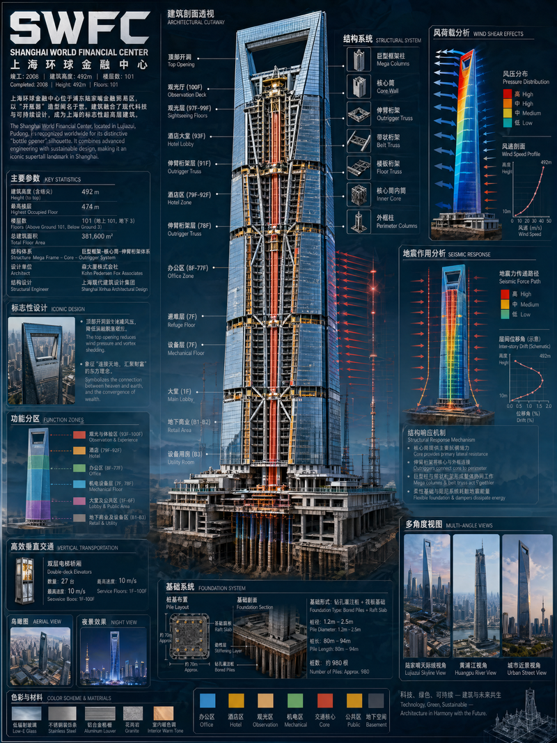 上海环球金融中心 建筑结构解剖图 详细指出各地上地下楼层区域图及其作用 涵盖风切效应图和地震受力图 Statistical charts, color sche