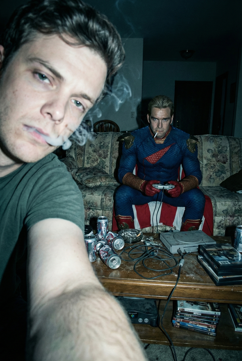 early-2000s point-and-shoot digicam direct-flash snapshot style, dim indoor livi