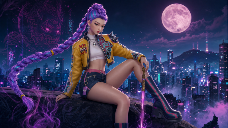 Create an artwork, a design of Rumi from Kpop Demon Hunters, advanced design lev