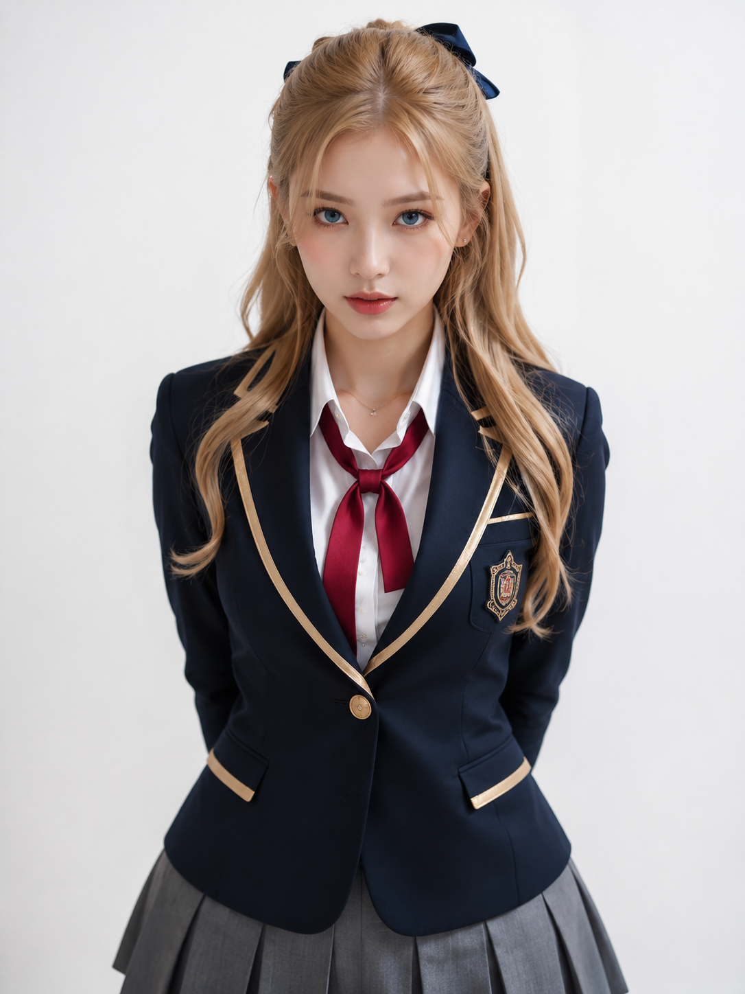 A Korean woman in her 20s posing in a polished school-inspired blazer outfit, ca