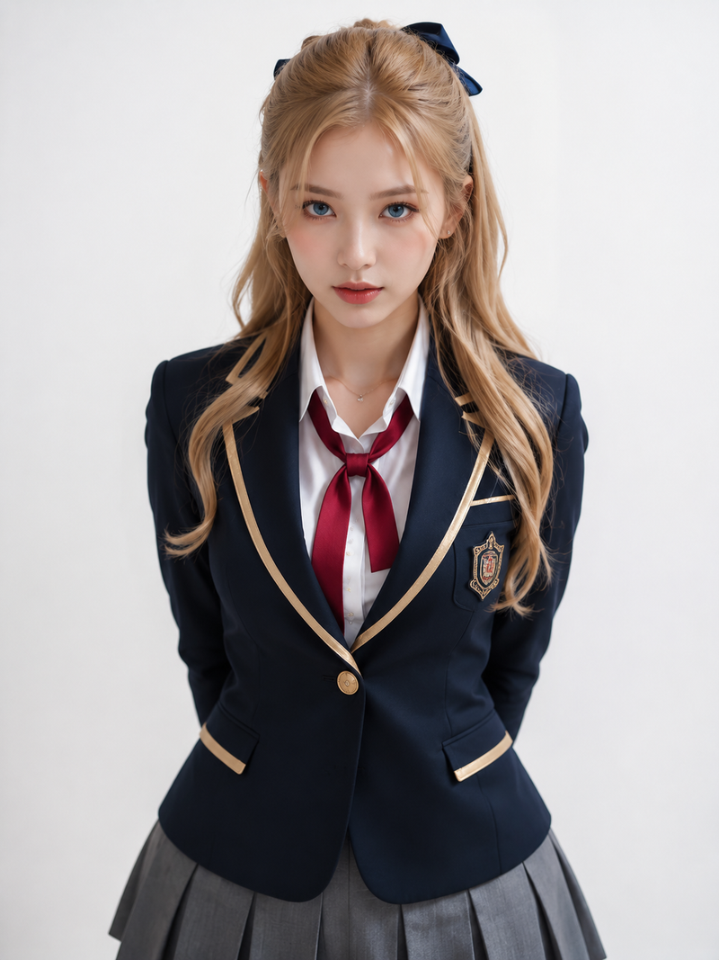 A Korean woman in her 20s posing in a polished school-inspired blazer outfit, ca