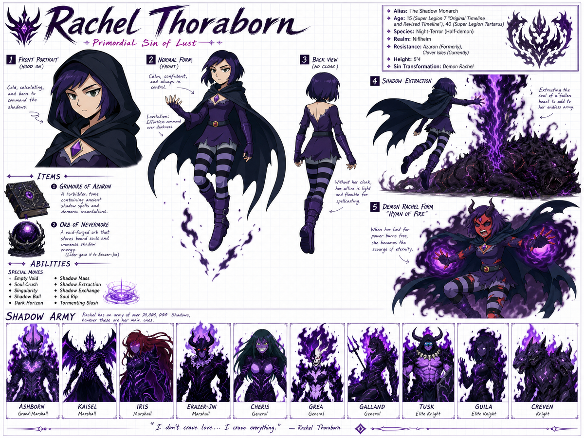 Create a wide, horizontal character reference sheet featuring Rachel (see refere