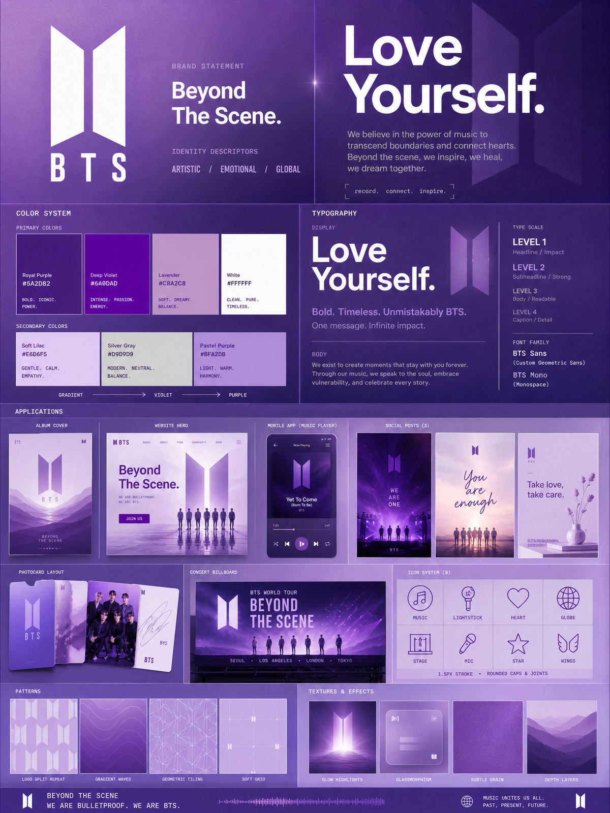 Using the BTS logo, generate a premium brand identity system poster