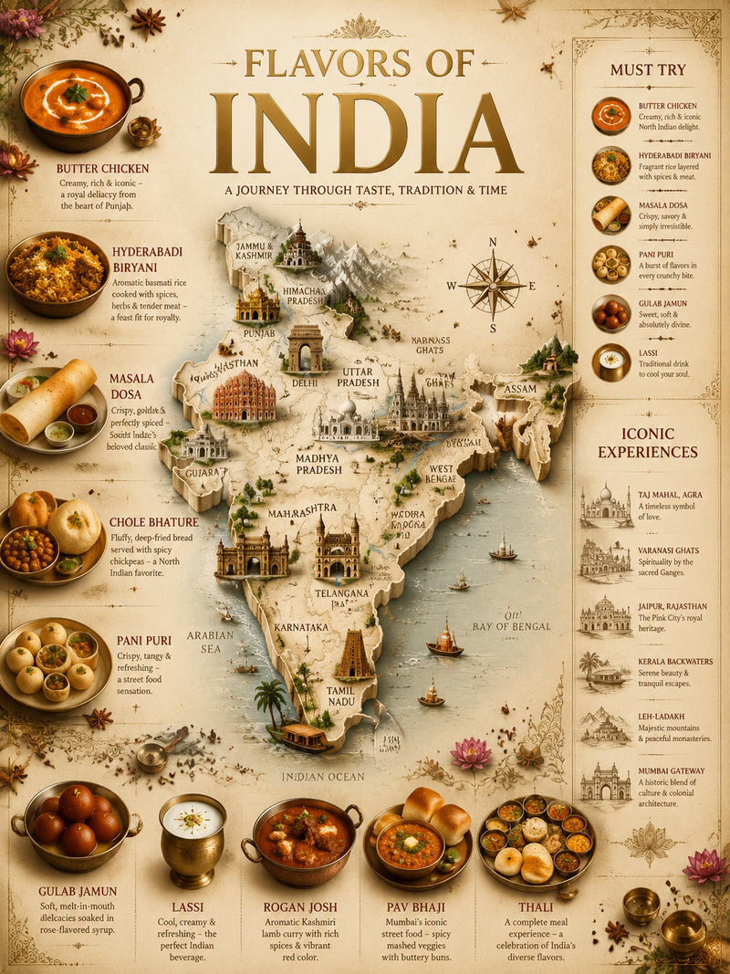 Ultra-detailed infographic travel poster titled “FLAVORS OF INDIA”, elegant luxu