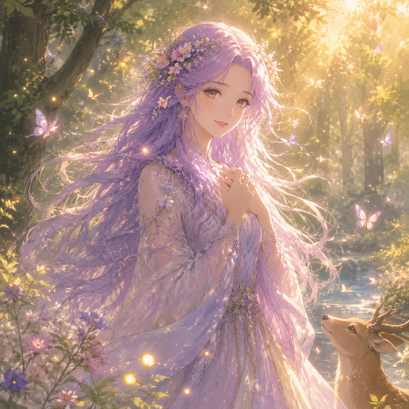 Elara the Whisperer, serene ethereal woman with long flowing lavender hair and f
