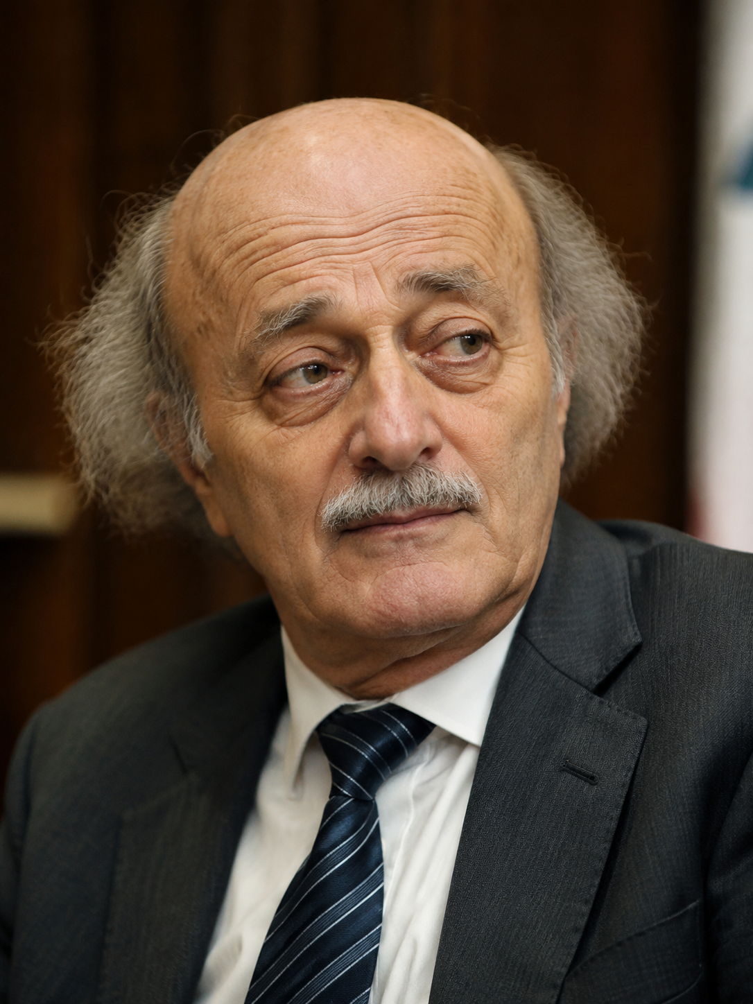 A photorealistic portrait of the Lebanese politician Walid Jumblatt, bald head