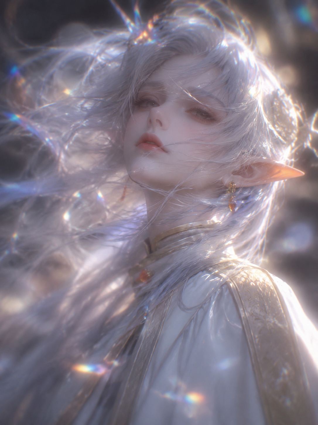 Reverse haze, diffused blur, soft focus, close-up shot of an ethereal and pure b