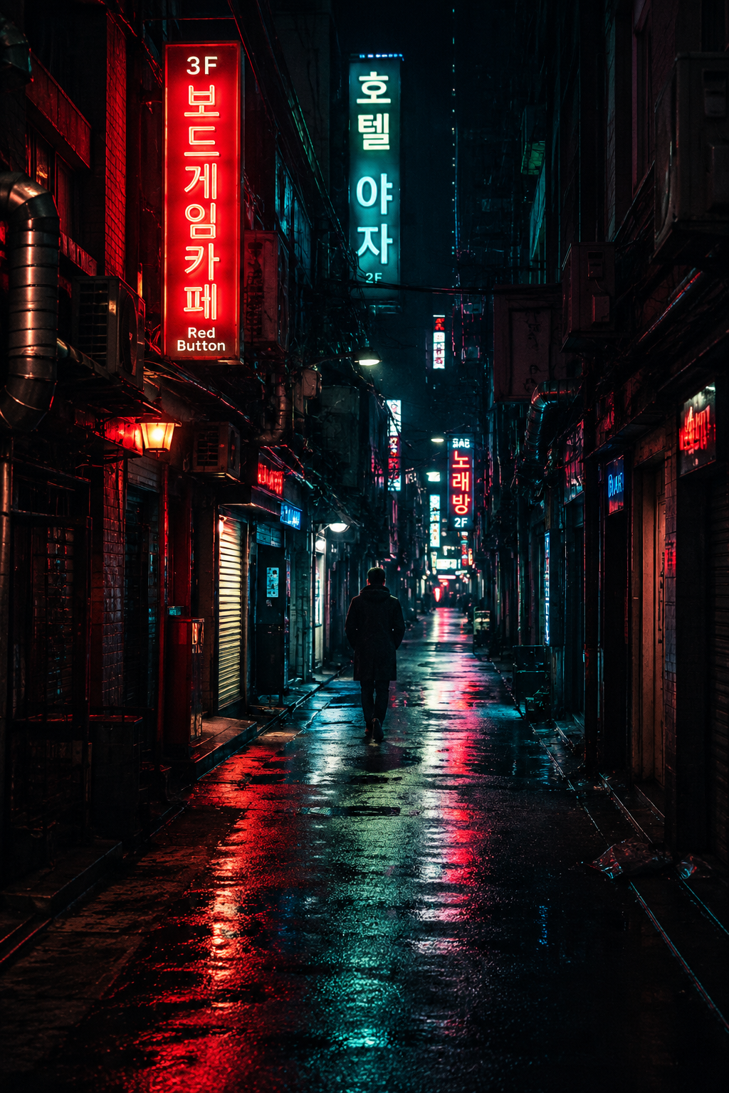{ "subject": { "description": "a lone pedestrian walking through a narrow neon-l