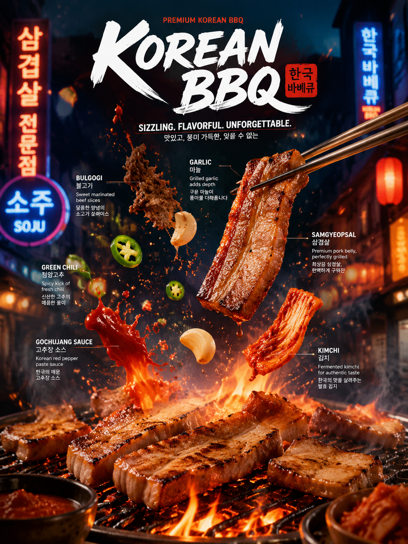 Epic Korean BBQ cinematic poster, sizzling samgyeopsal grilling over open flames