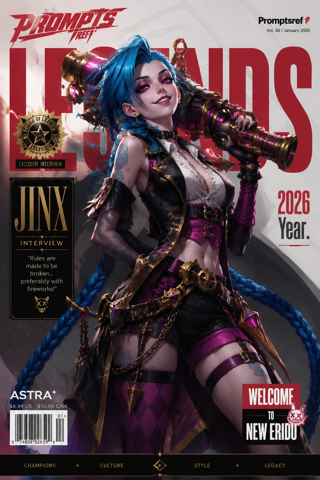 Vertical magazine cover, in the official League of Legends art style, highly det