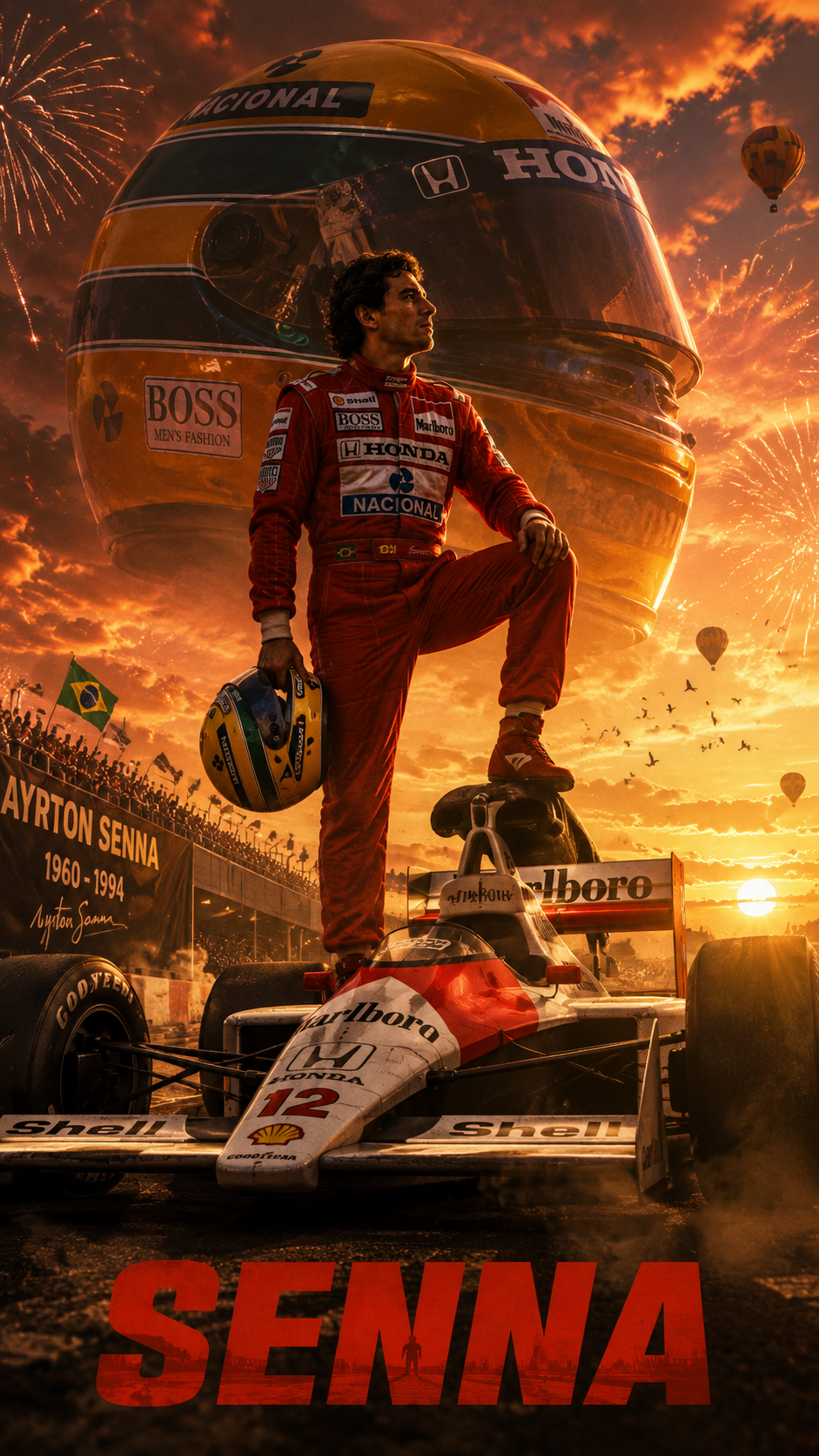 A cinematic vertical racing tribute poster, a Formula One driver in a red vintag