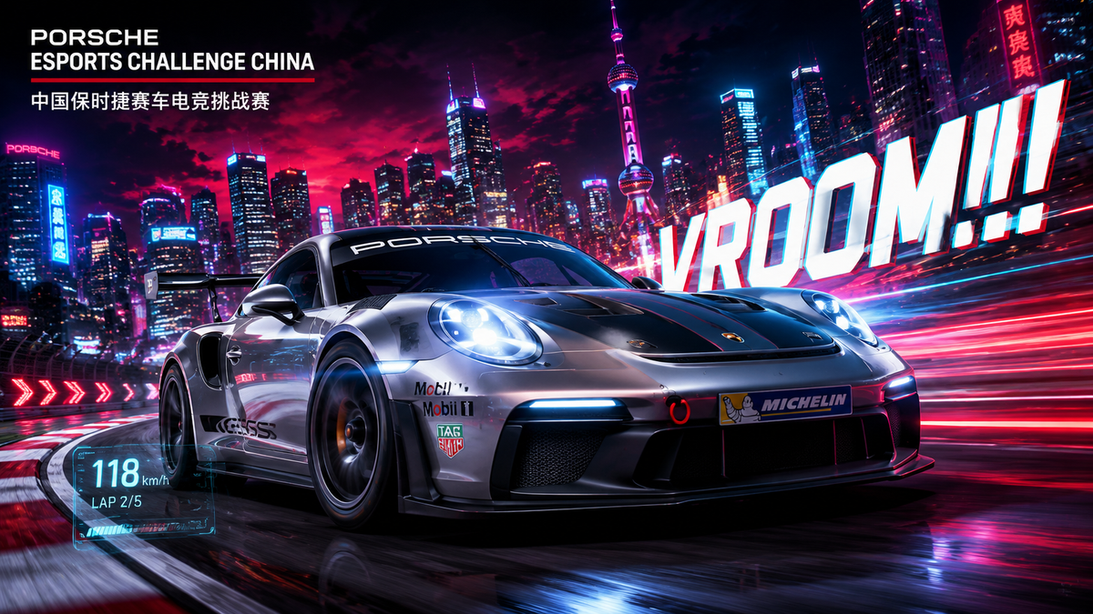 Cinematic promotional poster for Porsche Esports Challenge China, a silver Porsc