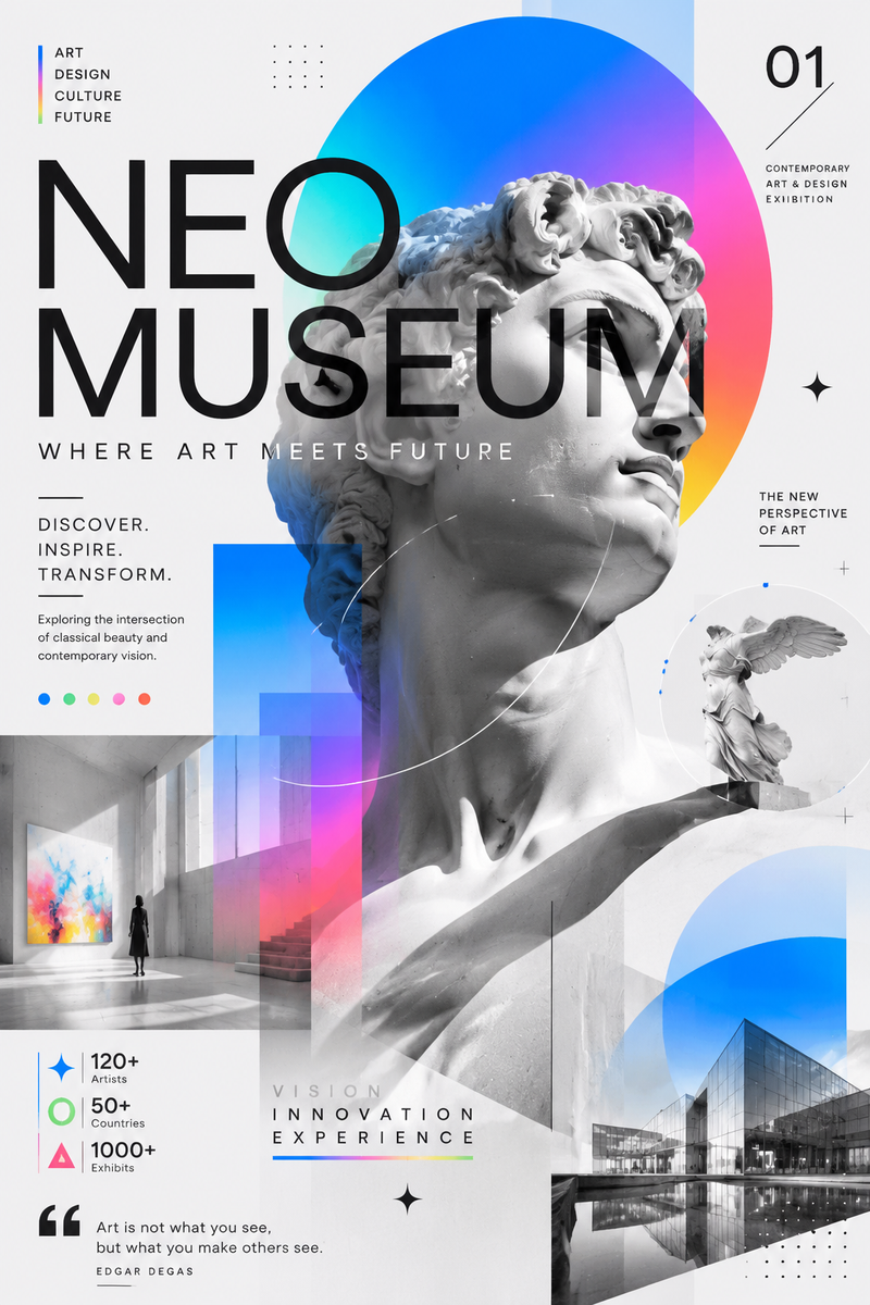 Design Style: Name: "Neo Museum" Concept: > 現代美術館の展示ビジュアル、 デザインカンファレンス、 テクノロジーアー