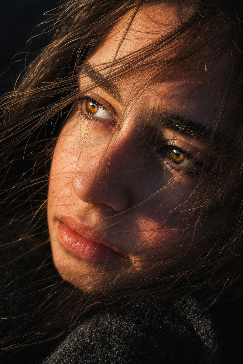extreme close-up facial portrait, tilted side angle; gaze looking out of frame,