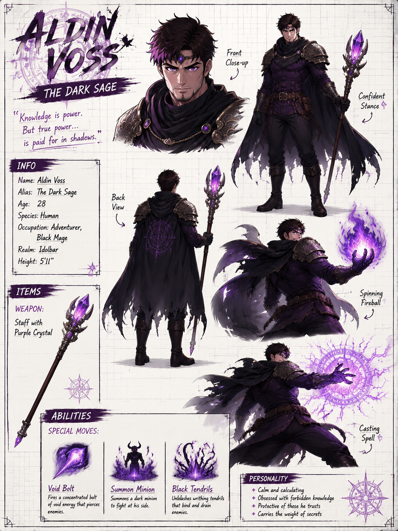 Create a wide, horizontal character reference sheet featuring Aldin (see referen