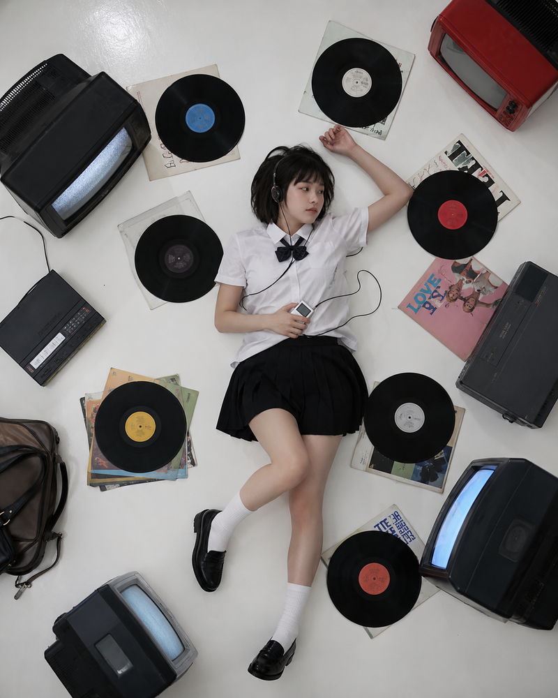 A top-down perspective of a short-haired Japanese high school girl lying on a wh
