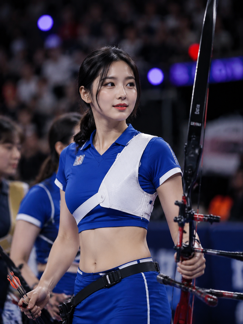 Ultra realistic sports photography, young East Asian female archer standing in a