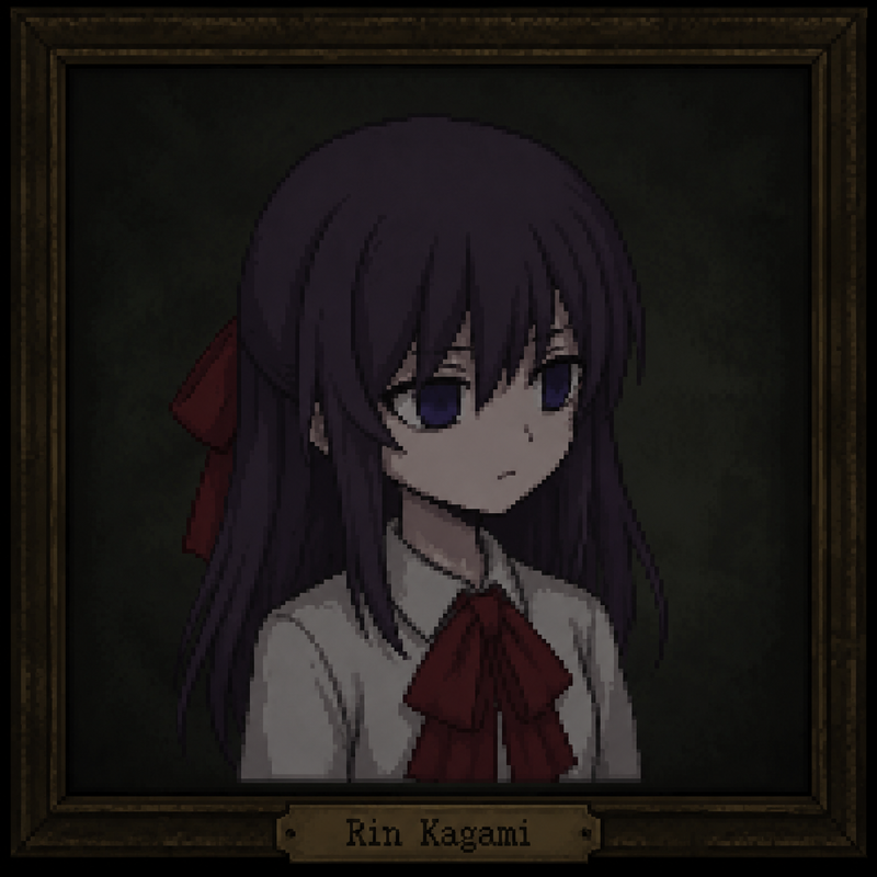 use the game "Ib" style to draw a Portrait of rin kagami