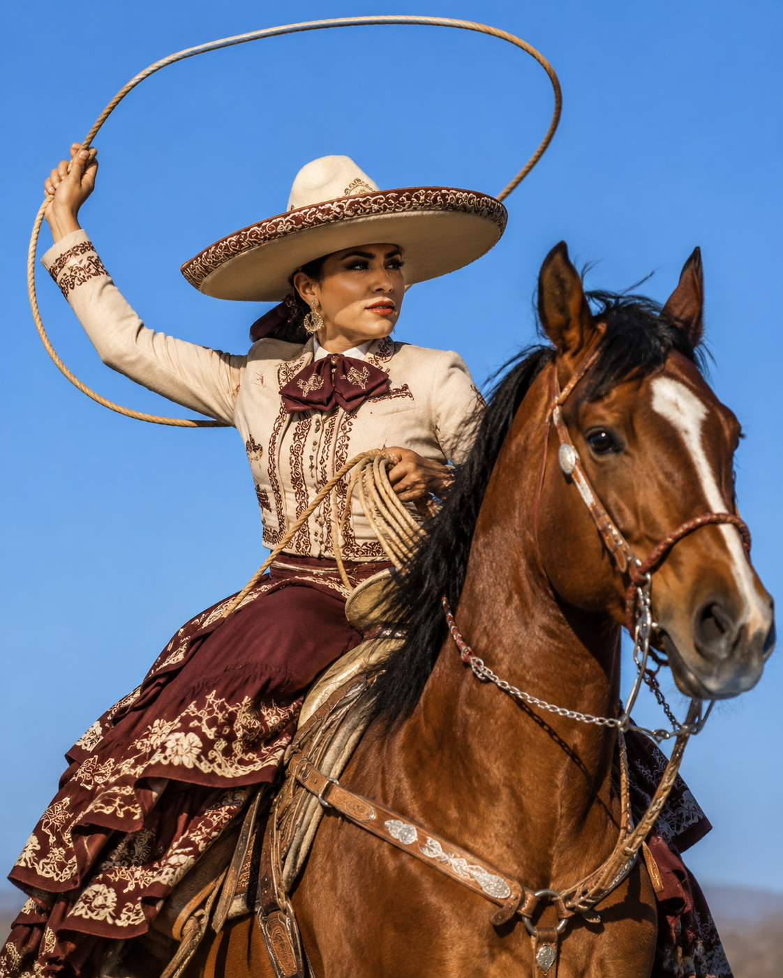 A woman dressed as a charra on horseback, holding a lasso against a clear blue s
