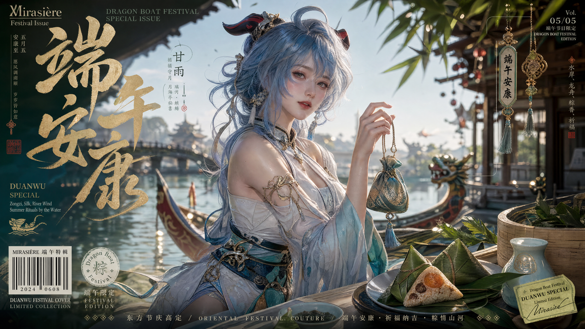 Theme: 端午安康 根据【原神 甘雨】设计一张 **高辨识度、强视觉冲击力的 端午节日限定 Chinese fashion campaign cover /