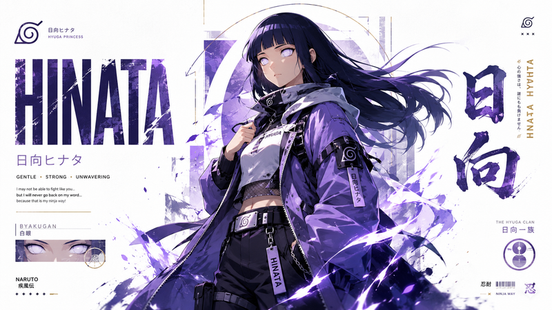 Create a premium collector-edition character poster of Hinata from Naruto