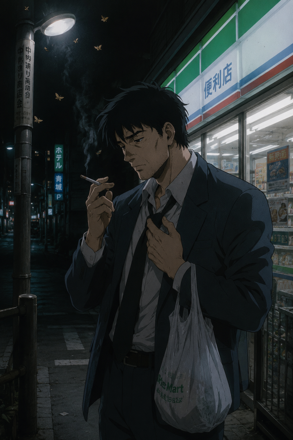 90s aesthetic anime art, a tired salaryman in a rumpled suit loosening his tie, 
