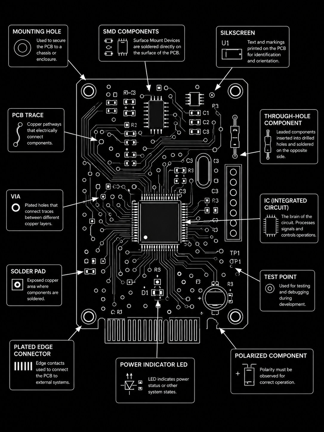 Artistic represenation of pcb board, illustrating pcb elements, with arrows, and
