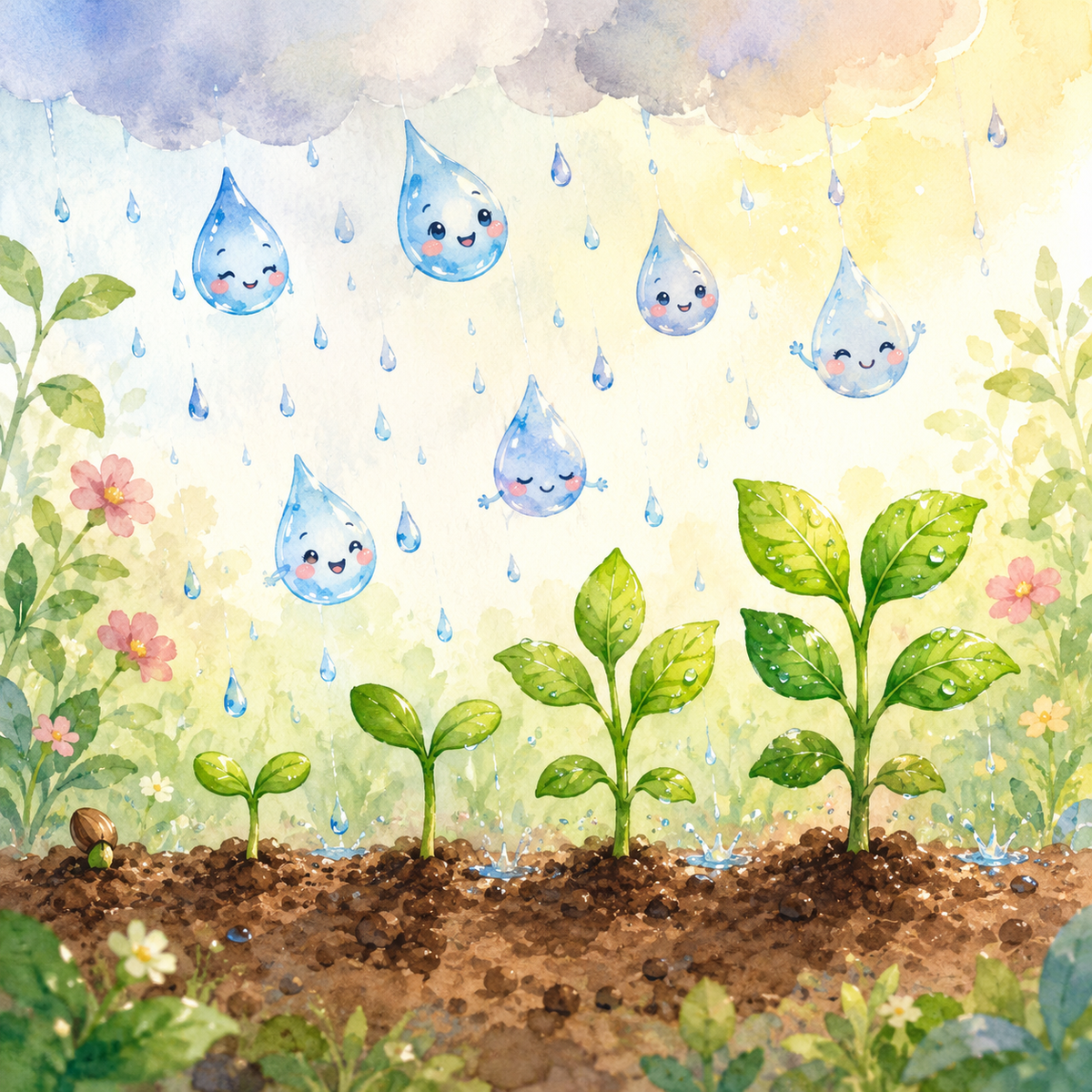 Titre: Les gouttes arrosent les plantes