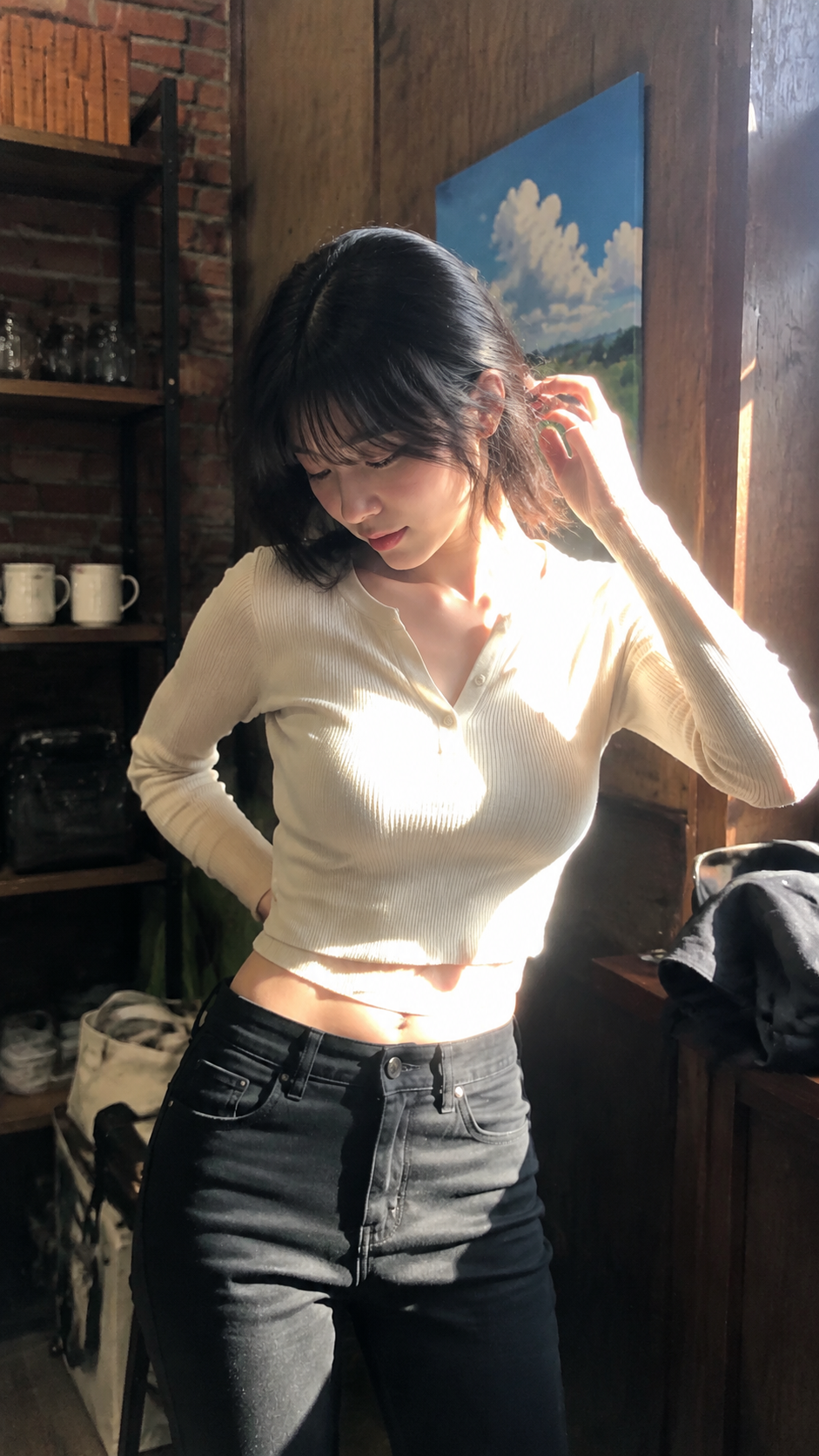 { "subject": { "description": "A young adult woman aged 18+, standing in a vinta
