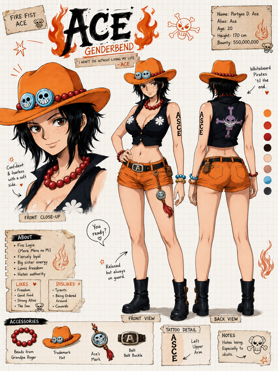 Create a wide, horizontal character reference sheet featuring genderbend ace fro