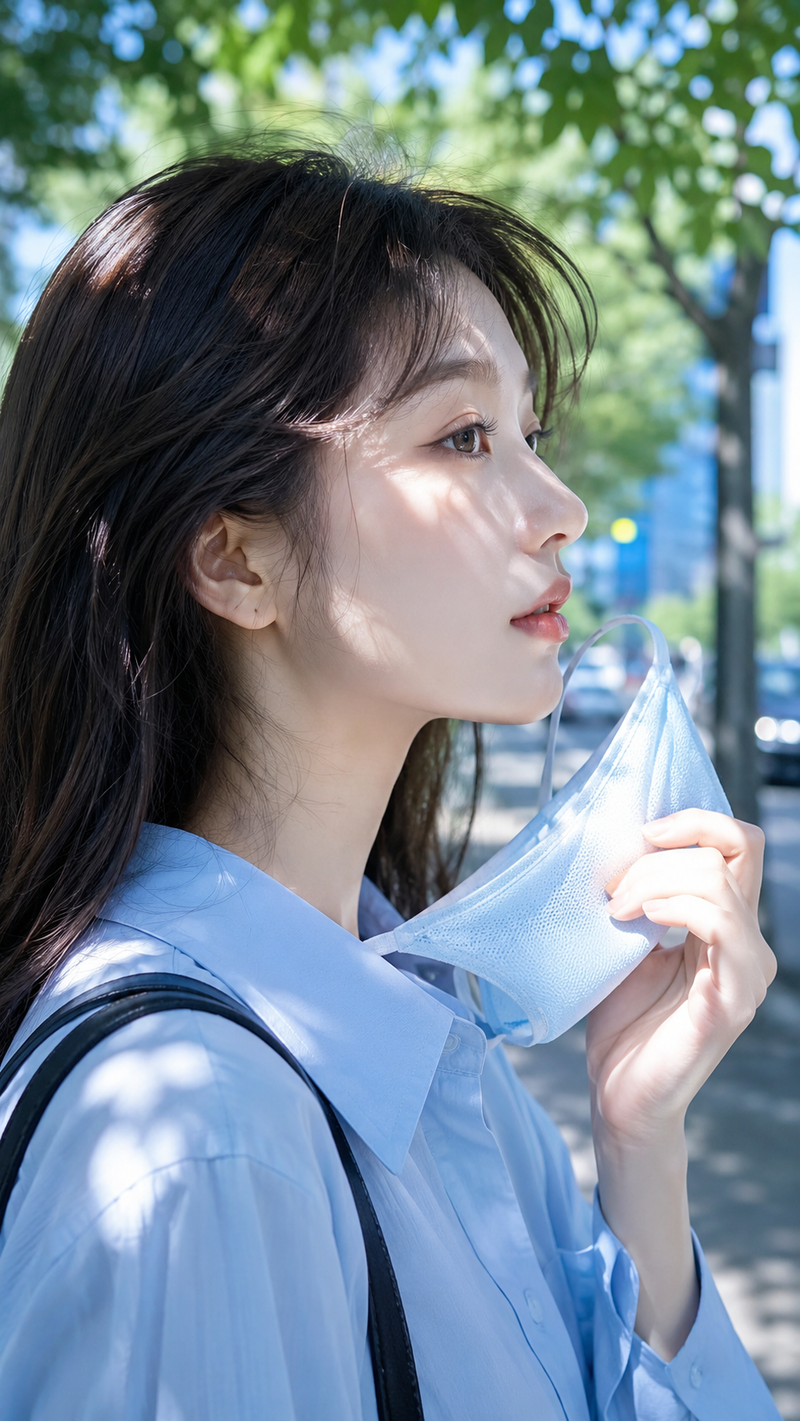 9:16竖版构图。夏日通勤自然光摄影，女孩侧脸特写， 阳光从树叶间隙洒落，浅蓝色冰丝口罩半展开握在手中， 面料纹理清晰可见，背景虚化出城市街道绿荫， 清新通透的