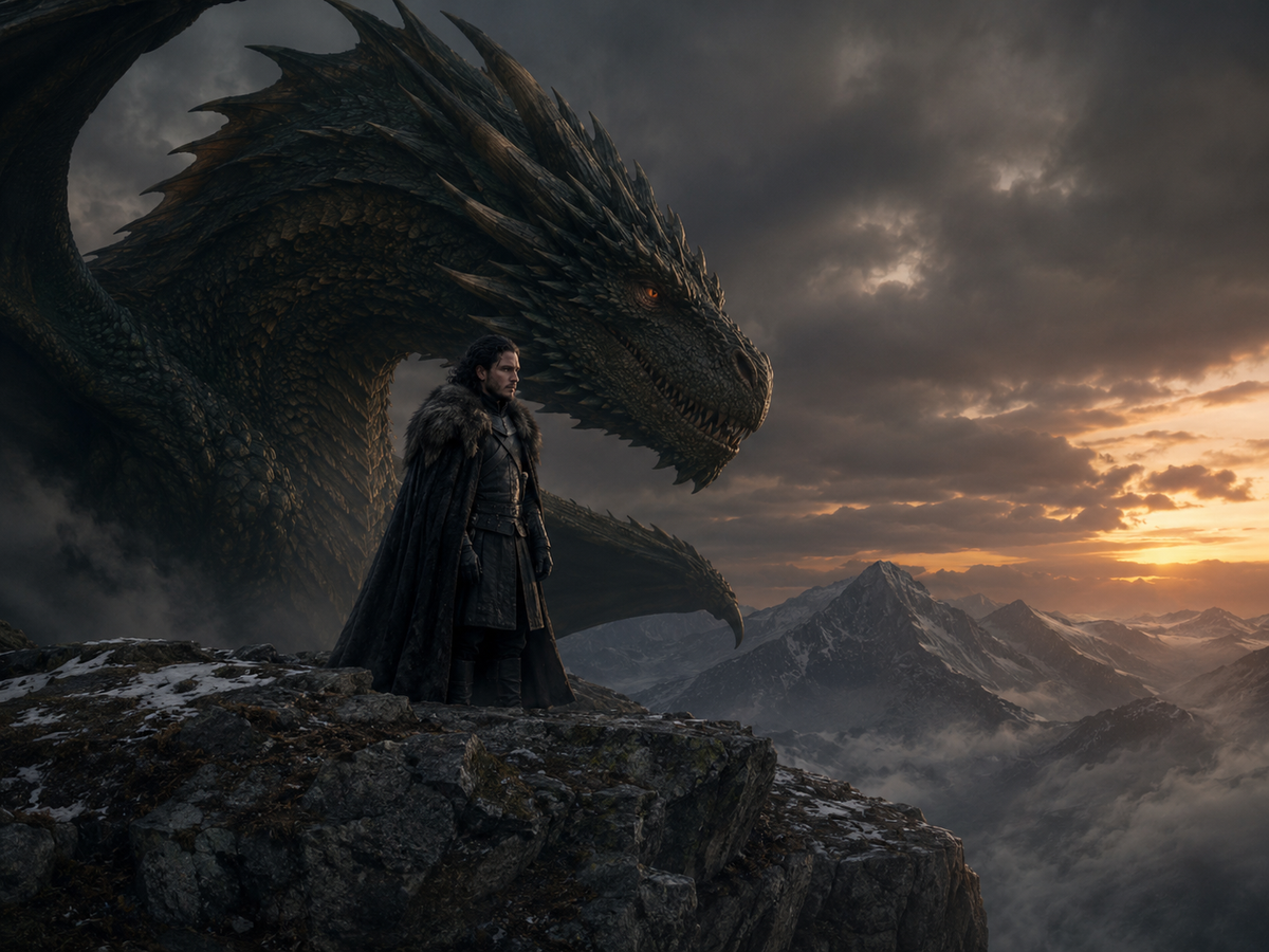 A dramatic fantasy scene at dusk in a remote mountain range