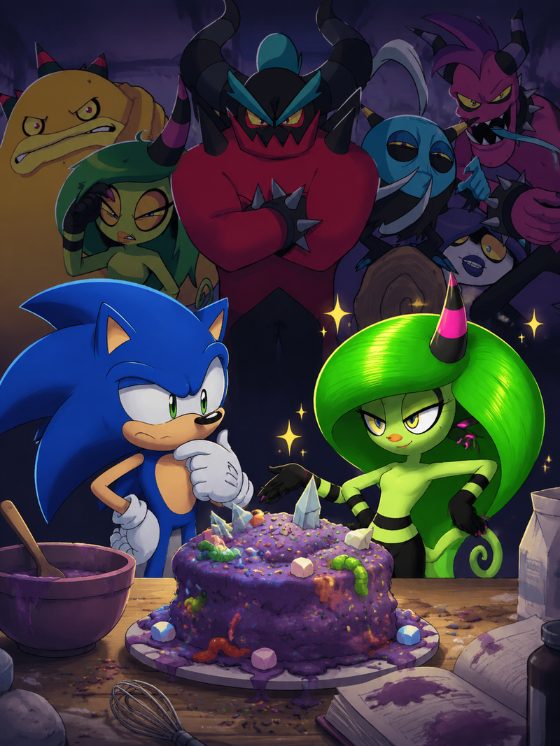 Add the deadly six into the background behind sonic with zenna in the being prou