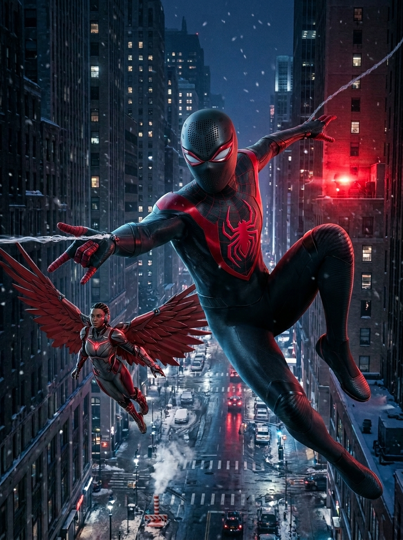 Create an ultra-realistic cinematic scene of a masked vigilante in a sleek matte