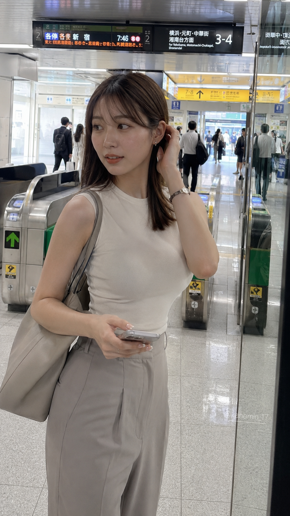 { "direction": "リアルなSNS投稿風のスマホ縦写真。24歳の架空の日本人成人女性が、平日の朝に出勤途中の駅構内で、友人または同僚に自然に撮られた