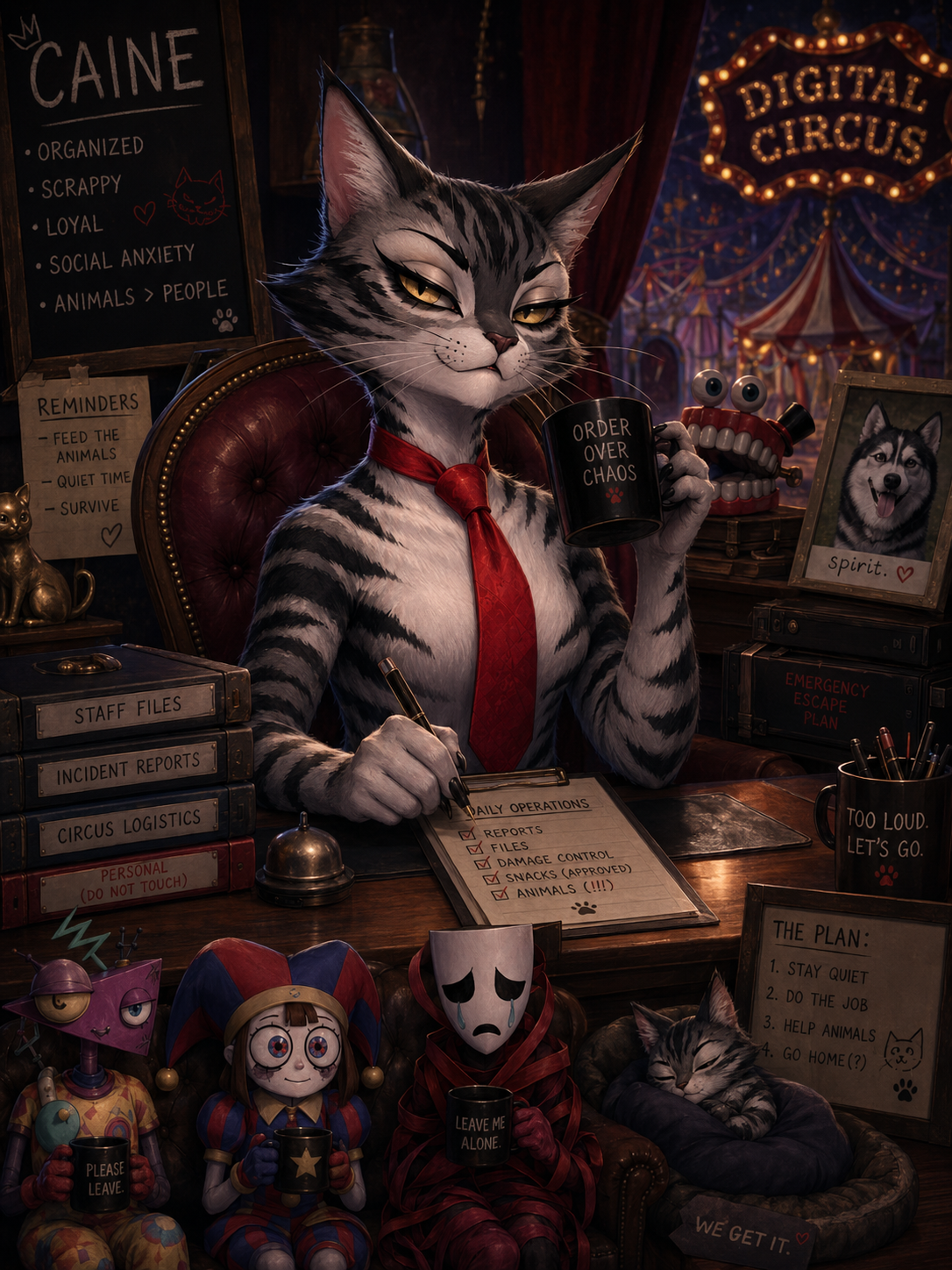 Caine is a sleek, sharp-featured feline who carries herself with the rigid postu
