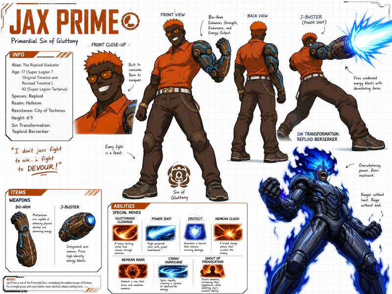 Create a wide, horizontal character reference sheet featuring Jax (see reference