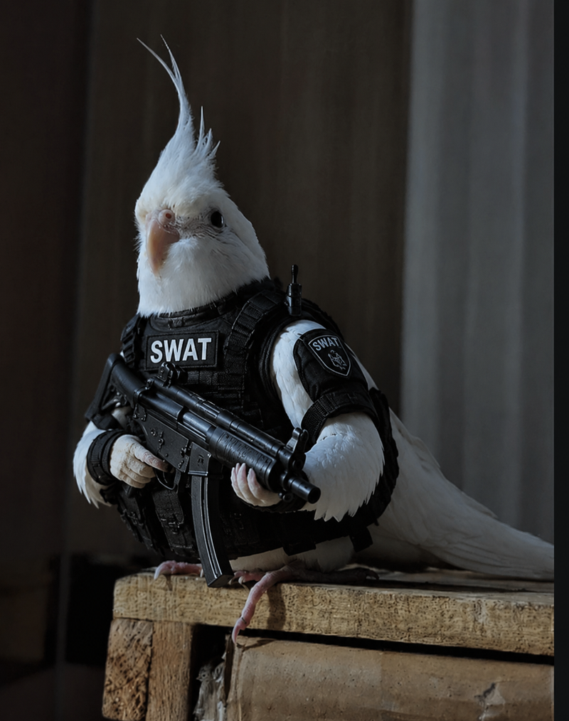 make the cockatiel wear a swat team uniform and hold a MP5 SMG