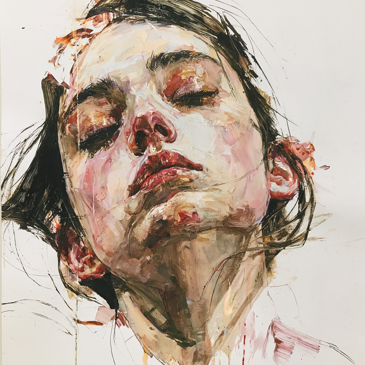 woman portrait, realistic, abstract, brush stroke, by Jenny Saville style, white
