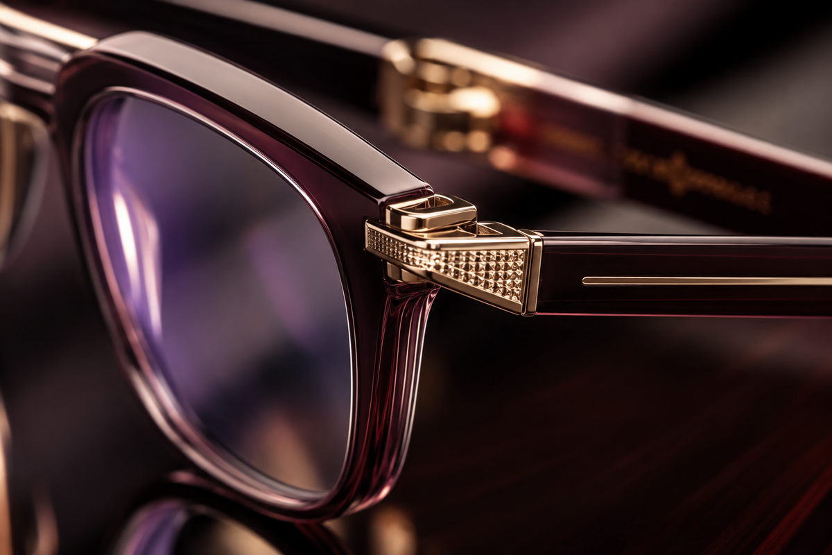 Create an extreme macro shot of the reference eyeglasses focusing on the frame,