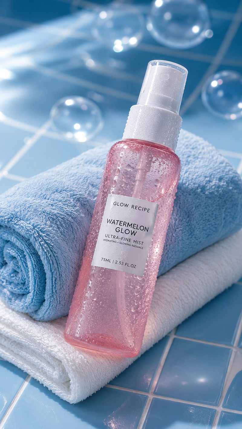 A translucent pink facial mist spray bottle with a white cap, covered in tiny co