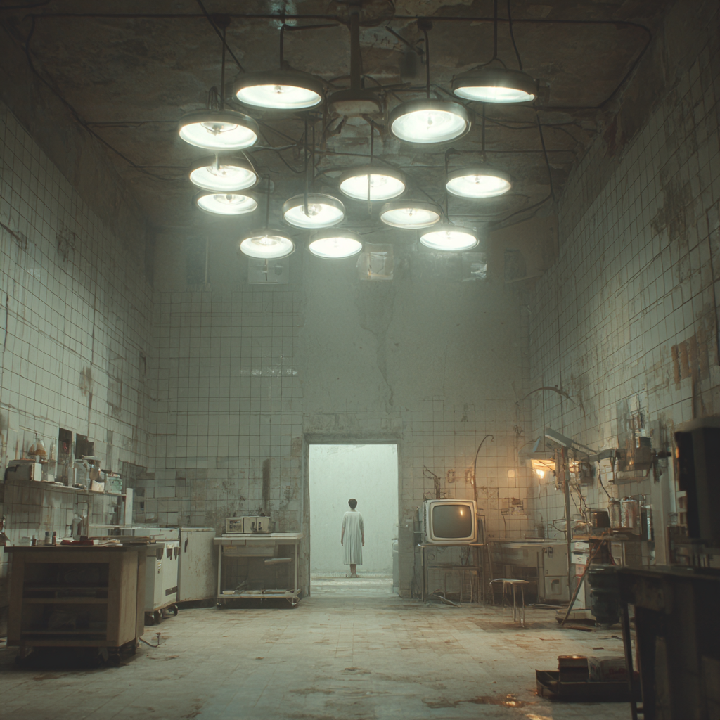 a operattion room very sterilized and a woman giving birth alone