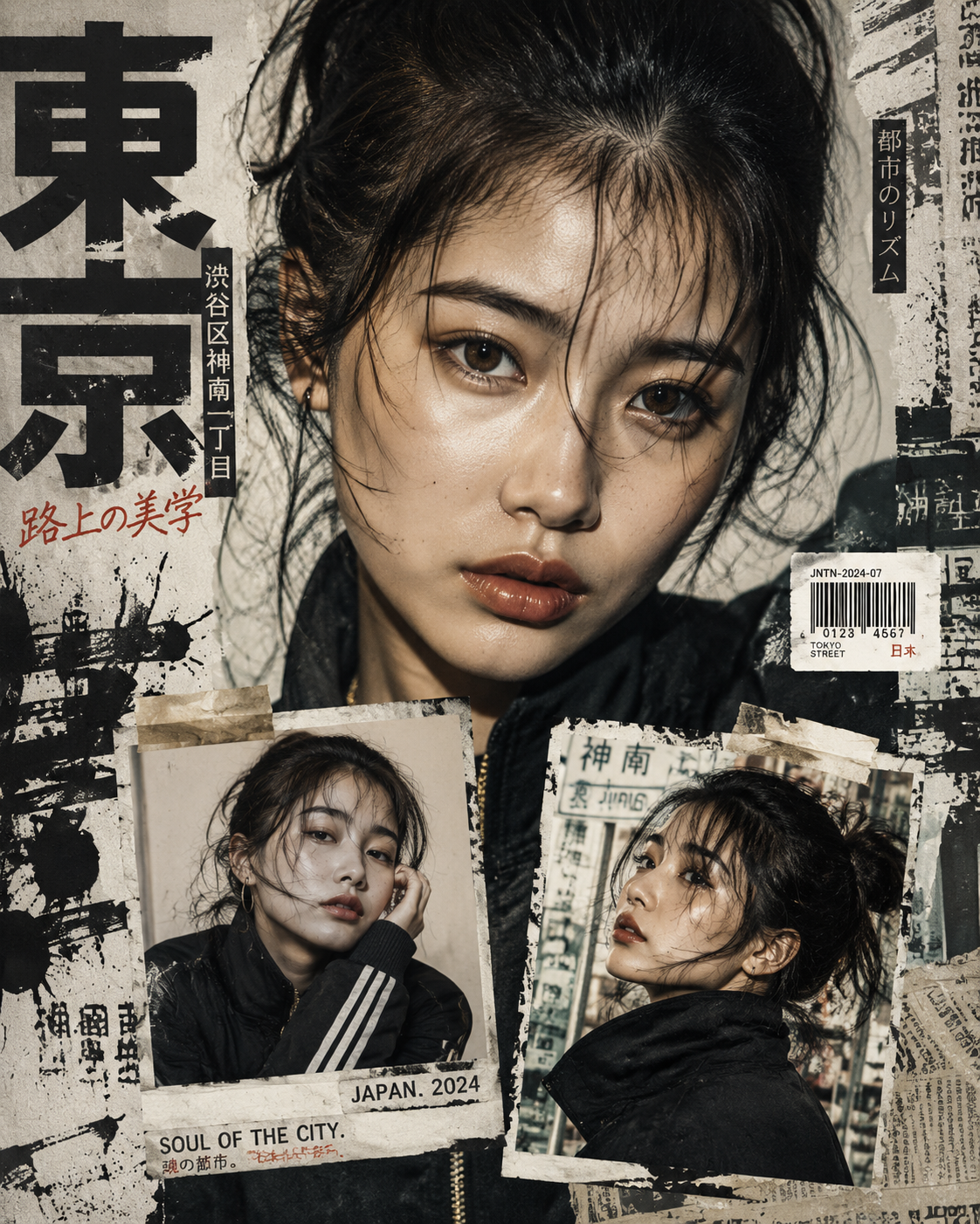 Create a bold Y2K Japanese street-editorial collage poster with a clean high-fas