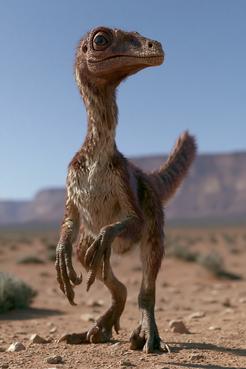 3d REALISTIC animation of a little Compsognathus dinosaur standing in the desert