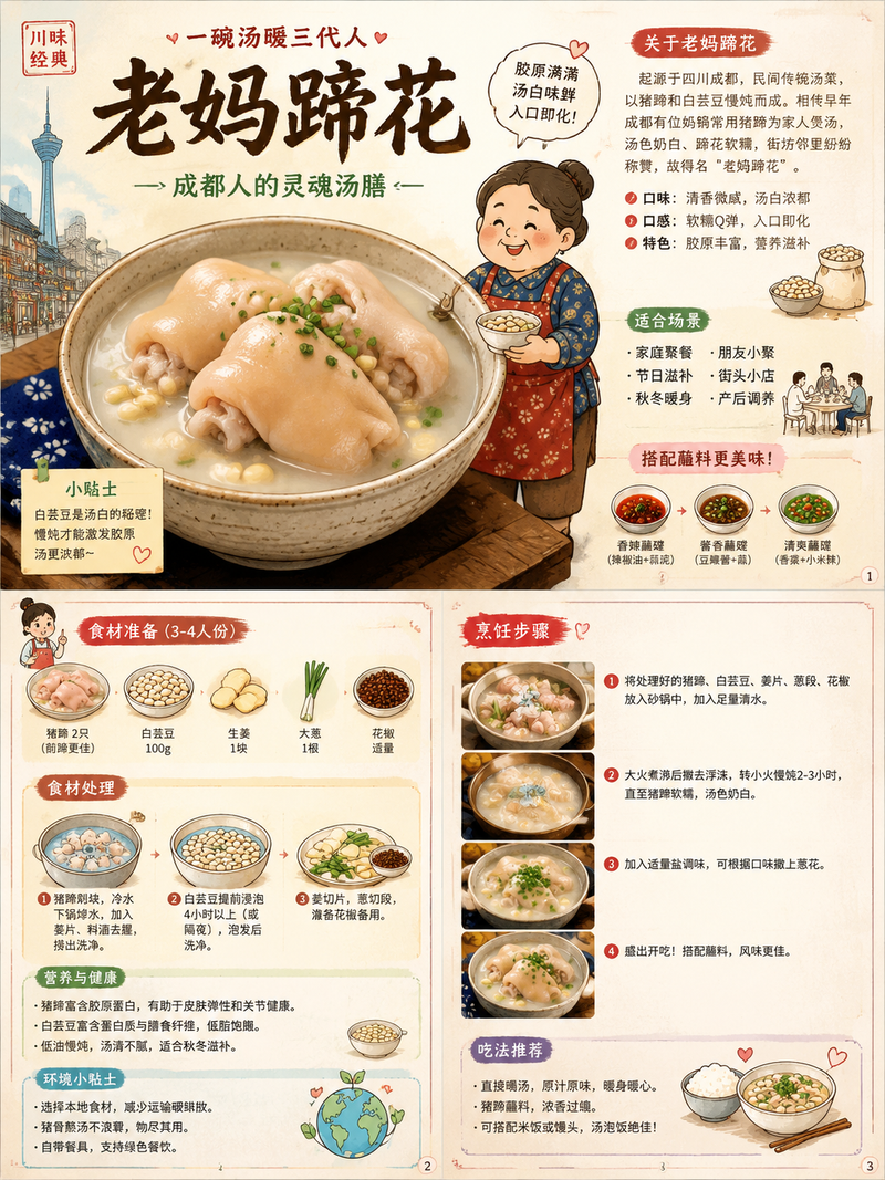 食物名称:{老妈蹄花} 请先联网全面搜索并理解该食物的真实信息,包括起源地区、文化背景、主要食材、颜色、口味、质感、烹饪方式、常见吃法、摆盘方式、配料、蘸料、典