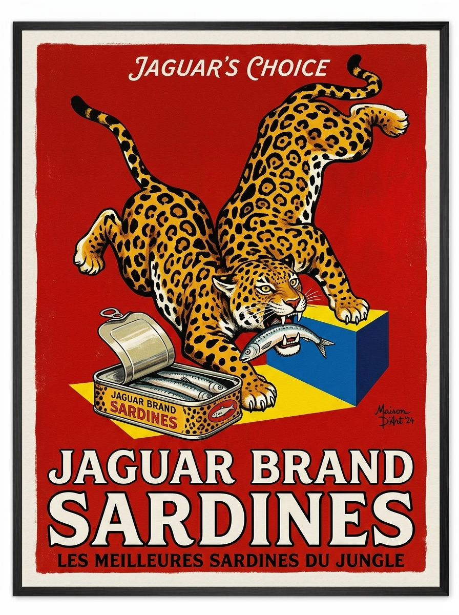 advertisement poster, jaguar eating sardines