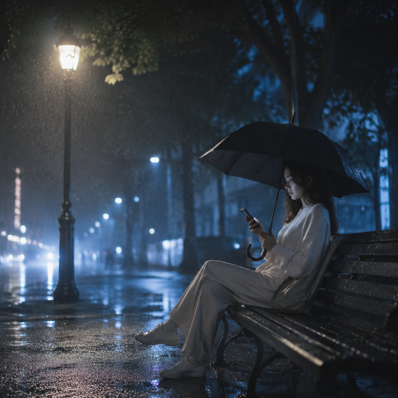 一位身穿米白色休闲服的女性坐在雨夜街边的长椅上,右手举着黑色雨伞,左手拿着手机,左侧有一盏路灯打下模糊的光,中景,留白构图,右侧低机位,左侧光,冷蓝色调,孤独,